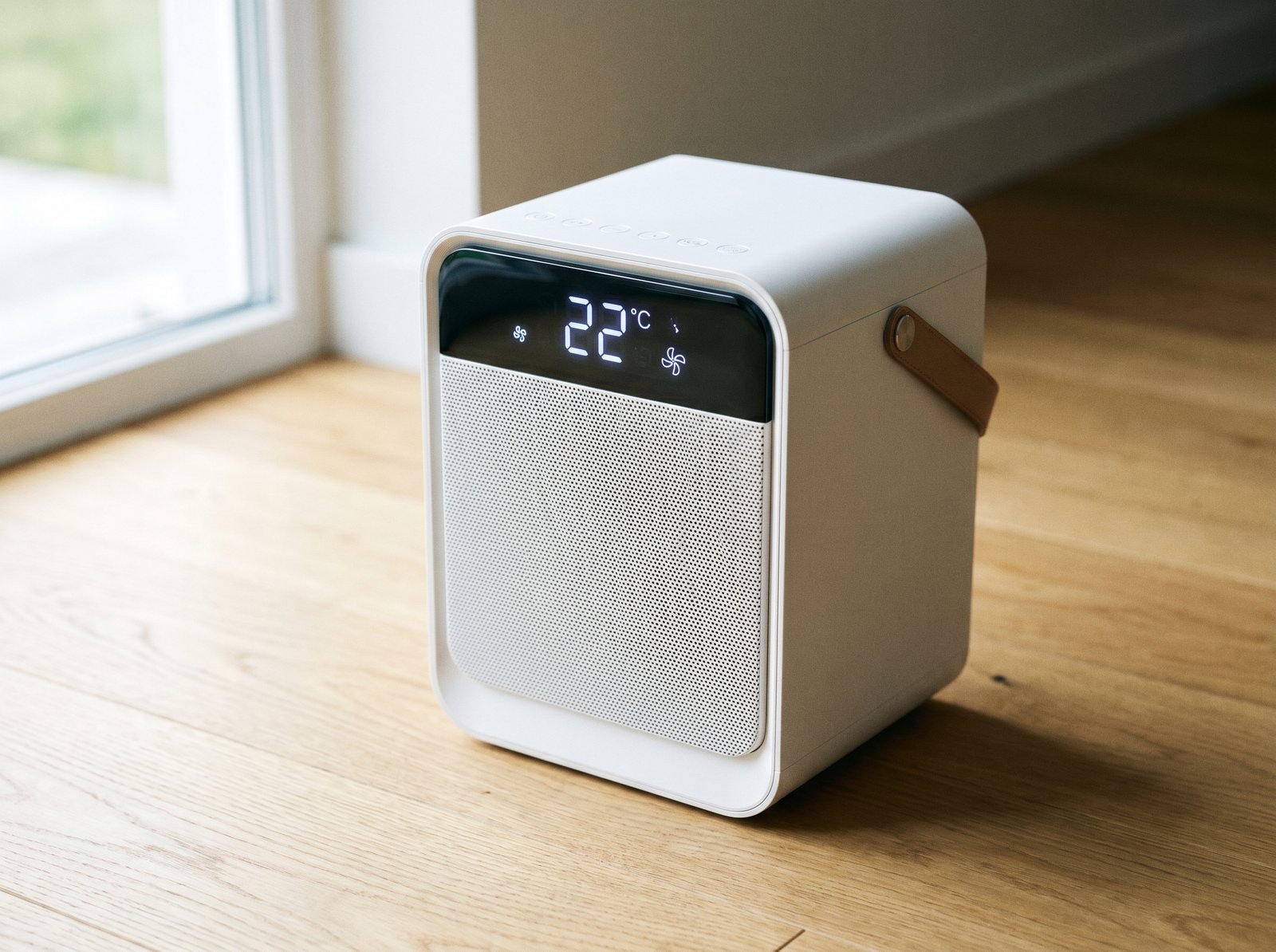 A close-up of a sleek portable air cooler with digital display